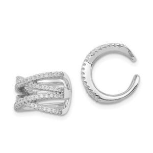 Sterling Silver Rhodium-plated Polished CZ Double 'X' Single Cuff Earring